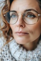 Close up portrait of young Caucasian woman wearing round metal frame glasses and knit sweater, with soft natural makeup and blue eyes looking at camera.