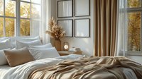 Cozy bedroom interior with unmade bed, beige linens, and pampas grass decor near window with autumn view. Natural light creates warm, inviting atmosphere for lifestyle content.