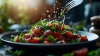 Fresh mixed salad with cherry tomatoes and herbs being served with fork, healthy Mediterranean cuisine for restaurant menu and cooking concepts.