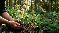 Young male gardener with light skin tone planting seedling in vegetable garden bed surrounded by forest trees, hands in soil during daytime outdoor cultivation activity.