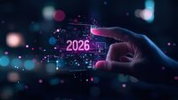 Hand touching futuristic digital interface with glowing 2026 number amid colorful bokeh lights on dark background, representing future technology concept.