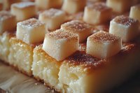 Homemade sponge cake squares dusted with cinnamon sugar, arranged on wooden surface for bakery, dessert, and food photography projects.