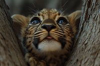 Close-up portrait of leopard cub with bright blue eyes looking up while hiding between tree branches, showing curious expression and detailed whiskers.