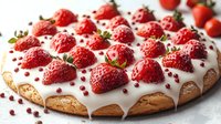 Fresh strawberry shortcake with white glaze dripping down sides, topped with ripe red berries and decorative pink peppercorns on rustic wooden surface.