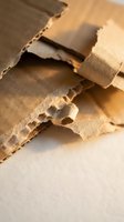 Torn corrugated cardboard pieces with exposed fluted layers showing recycling and waste management concepts for environmental packaging design.