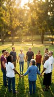 Diverse group of people holding hands in circle on sunny park lawn, representing unity, community support, teamwork and togetherness for nonprofit, charity and social causes.