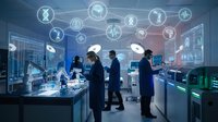 Medical professionals using advanced digital healthcare technology in modern hospital laboratory with connected health monitoring systems.