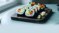 Fresh sushi rolls with salmon and vegetables served on wooden board with wasabi and ginger for Japanese cuisine dining experience.