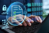 Business professional managing digital compliance workflow with secure document checklist and data servers on laptop for corporate governance and regulatory processes.