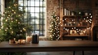Cozy Christmas composition with lit candles on wooden table against blurred festive background with decorated tree and bokeh lights in loft interior.