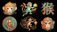 Colorful Chinese zodiac monkey set isolated on transparent background, ready for T-shirts, stickers, sublimation, and print on demand clipart design use.