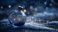 Glass Christmas ornament on snow with magical bokeh lights creating festive winter atmosphere for holiday greeting cards and seasonal designs.
