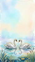 Two white swans form a heart shape on tranquil water with lily pads and aquatic plants beneath a soft watercolor sky in pastel tones.