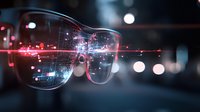 Futuristic smart glasses displaying augmented reality interface with glowing red laser lines and digital elements against blurred city lights background.