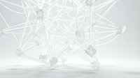 Abstract network connections with geometric nodes and lines creating digital communication web on white background for technology presentations.