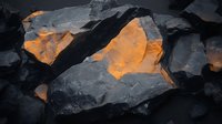 Dark angular rock formations with glowing orange highlights against black stone background, creating dramatic natural contrast in abstract geological pattern.