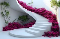 Curved white marble staircase adorned with vibrant pink bougainvillea flowers against minimalist architecture, creating elegant outdoor garden design.