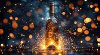 Glass wine bottle illuminated from below with magical glowing light effect and golden bokeh circles against dark background, creating festive atmosphere.