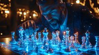 Bearded mature man playing glowing blue chess pieces in dark setting with bokeh lights, strategic game concept showing intelligence and decision making.