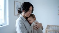 Young mother with dark hair in casual white shirt tenderly holding sleeping newborn baby in bright nursery room with natural window light and crib.