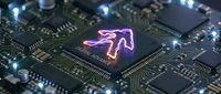 Artificial intelligence brain chip on circuit board with glowing neural network connections for technology and computing applications.