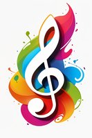 White treble clef symbol on vibrant rainbow color splash background with dynamic swirls and paint splatter effects, isolated on white for music designs.
