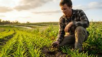 Middle-aged male farmer in plaid shirt inspecting young corn crops in expansive field at sunrise, checking soil quality and plant growth for agricultural management and harvest planning.