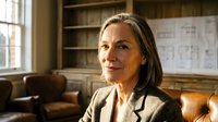 Middle-aged woman with shoulder-length brown hair and light skin tone, wearing a beige blazer, seated in a professional office with wooden shelves, architectural drawings, and leather furniture visible in background.