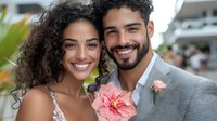 Young mixed race couple at wedding celebration, bride with natural curly hair and groom in grey suit with pink boutonniere smiling together outdoors.