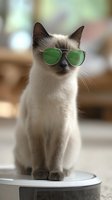 Stylish Siamese cat wearing green aviator sunglasses sitting upright on robotic vacuum cleaner, showcasing cool and humorous pet personality against blurred background.