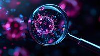 Magnified virus cell structure in neon pink and blue colors viewed through glass lens against dark background, scientific research concept for medical visualization.