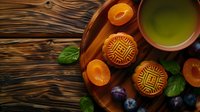 Traditional Chinese mooncakes with tea ceremony setup on wooden background, featuring ornate pastries, green tea, egg yolks and fresh fruits for celebration.