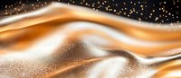 Luxurious golden waves with sparkling glitter effect on black background create elegant abstract pattern for festive designs and luxury branding materials.