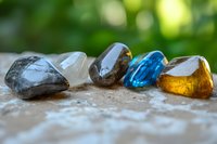 Colorful healing crystals and gemstones arranged in row on natural stone surface with green bokeh background, wellness and alternative medicine concept.