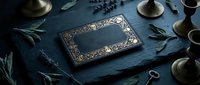 Elegant vintage tarot card with ornate golden border on dark slate surface surrounded by mystical candles and dried herbs for divination readings.