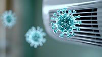 Glowing blue virus particles floating near air conditioner vent showing airborne disease transmission and indoor air quality concerns in healthcare settings.