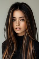 Young woman with caramel highlights in dark hair against neutral background, wearing black top. Soft makeup enhances natural features.