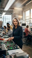 Mature woman with gray hair, Caucasian ethnicity, wearing dark blazer, inspecting circuit board in electronics laboratory with diverse team working in background.