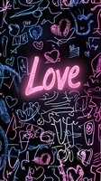 Neon pink love text with blue and purple doodles, hearts and sketches on dark background. Romantic graffiti style pattern for Valentine's day designs and love themes.