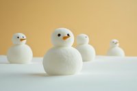 Cute snowman family on white snow against warm yellow background, winter holiday decoration for seasonal greeting cards.
