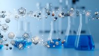 Laboratory glassware with floating molecular structures and chemical formulas in modern research facility for scientific experiments and analysis.