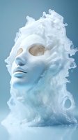 Surreal white face sculpture emerging from swirling frozen mist and ice crystals against blue background, representing transformation and ethereal beauty in art.
