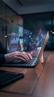Hands typing on laptop with holographic data analytics charts and graphs floating above screen in modern office environment for business technology presentations.