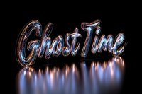 Glowing blue and pink metallic text saying Ghost Time with reflection on dark surface, neon light effect creates spooky Halloween atmosphere.