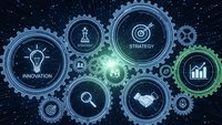 Business strategy gears with innovation icons on digital technology background for corporate planning and growth analysis.