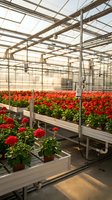 Commercial greenhouse interior with rows of red flowering plants on metal benches under glass roof structure for agricultural production.