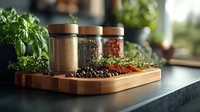 Glass jars with spices and herbs on wooden cutting board, fresh basil plant, moody kitchen counter setting with natural lighting and shallow depth of field.