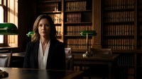 Professional businesswoman lawyer in elegant suit sitting at desk in classic law library office with vintage green banker lamps and leather bound books.