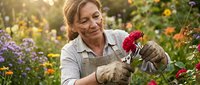 Middle-aged woman with light skin tone and blonde hair wearing gardening apron and gloves, tending red flowers in sunny garden with blooming plants and natural light.