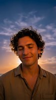 Young Hispanic man with curly hair smiling peacefully with closed eyes against dramatic sunset sky with pink and purple clouds for wellness and mindfulness concepts.